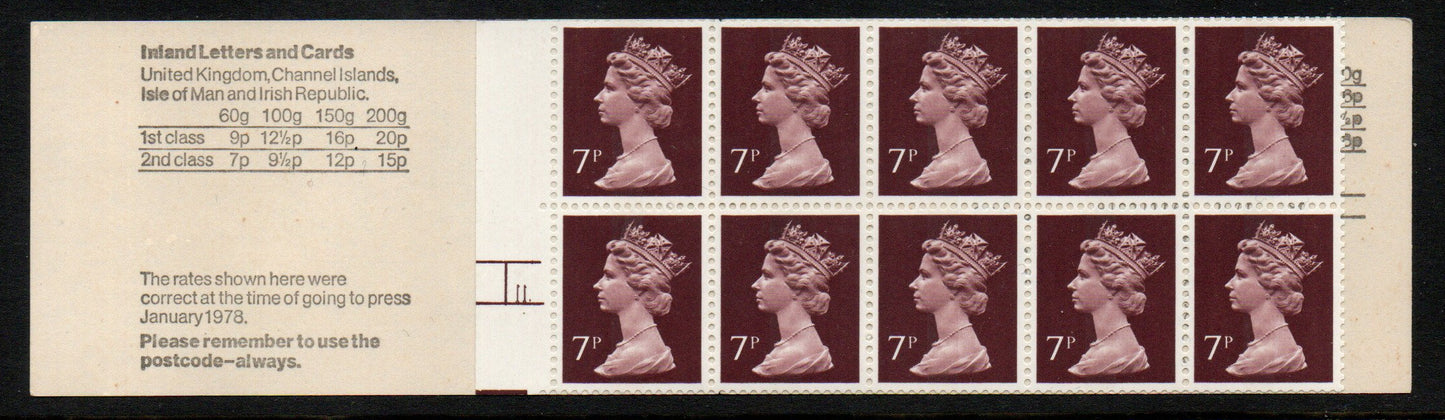 GB QEII 1978 70p Booklet FD2A CYL 11dot Shoeing LEFT Selvedge few blunt Perfs