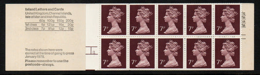 GB QEII 1978 70p Booklet FD2A CYL 11dot Shoeing LEFT Selvedge few blunt Perfs