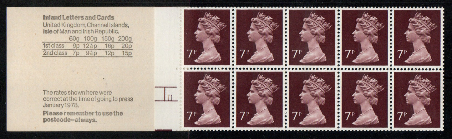 GB QEII 1978 70p Booklet FD2A CYL 11dot Shoeing LEFT Selvedge few blunt Perfs (TT372)