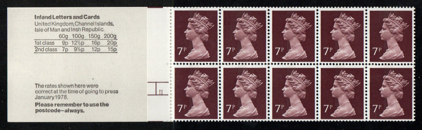 GB QEII 1978 70p Booklet FD2A CYL 11 no dot Shoeing LEFT Selvedge Perfs as (TT373)