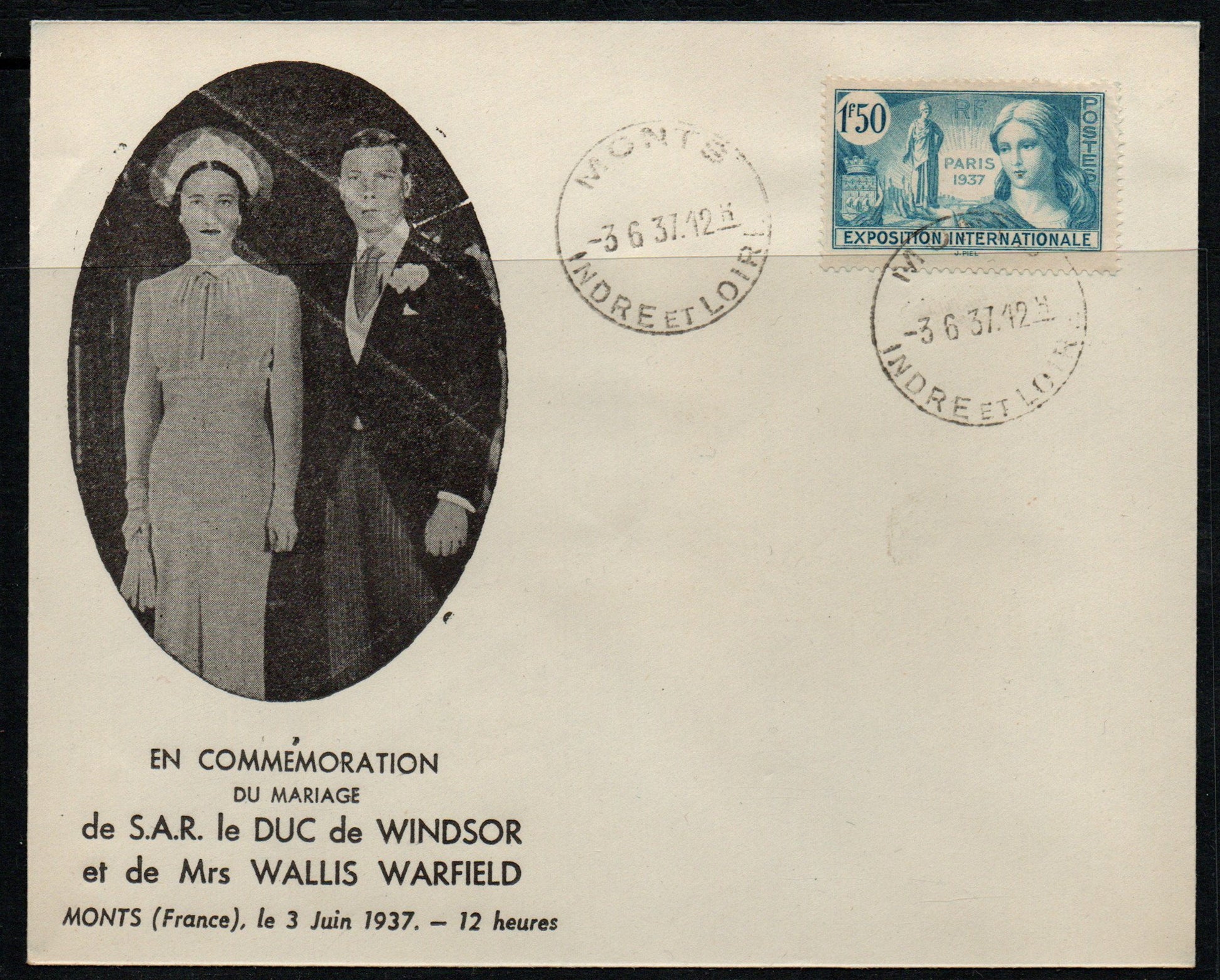 GB 1937 KGVI & Simpson Wedding cover FROM FRANCE (Where they married) 