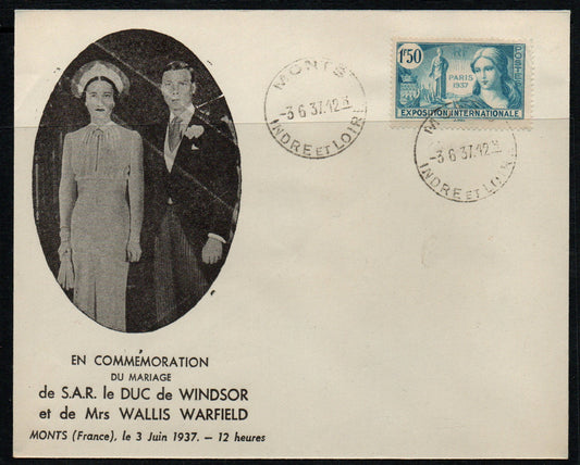 GB 1937 KGVI & Simpson Wedding cover FROM FRANCE (Where they married) 