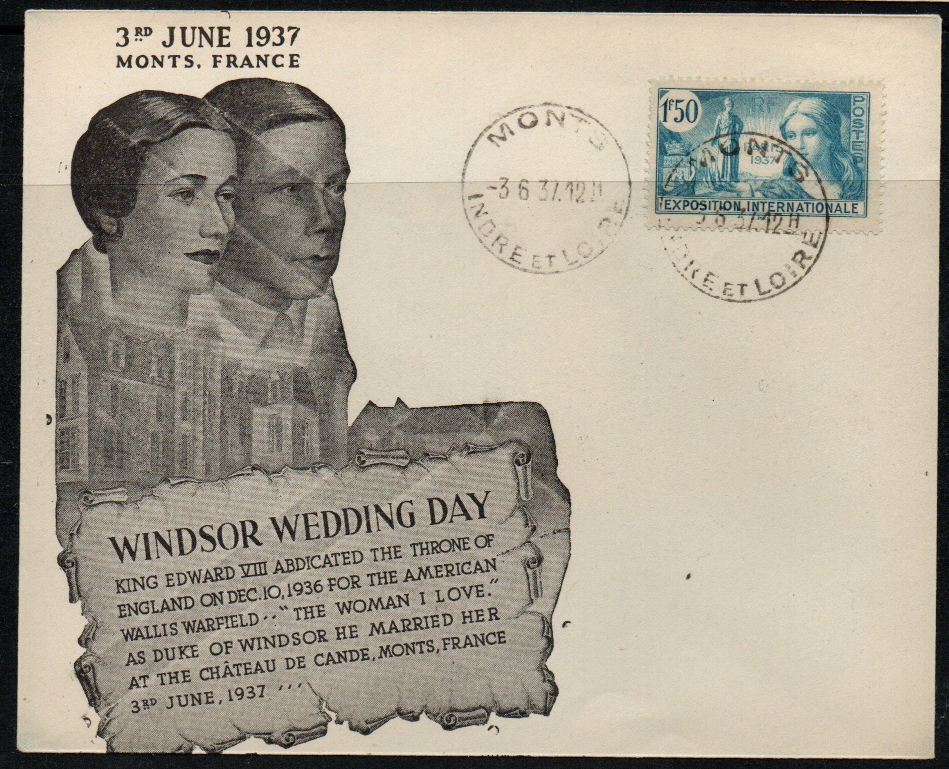 GB 1937 KGVI &amp; Simpson Wedding cover FROM FRANCE (Where they married)