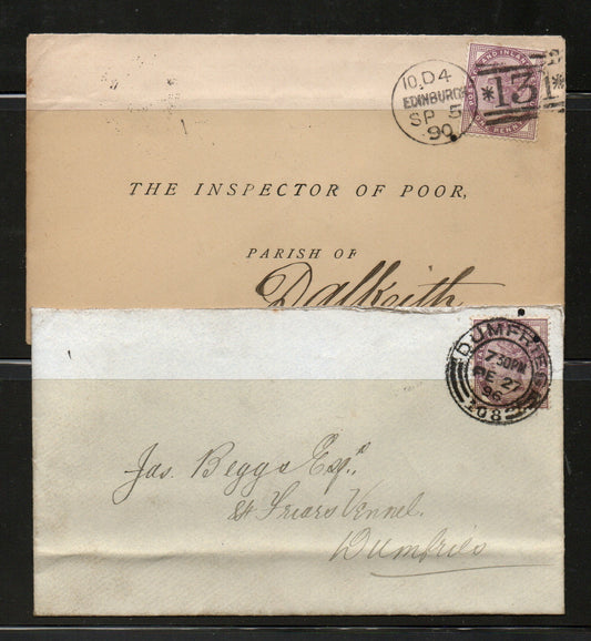 GB QV 1890 &amp;1896 2 x Covers "Inspector of the Poor" Dalkeith and Dumfries