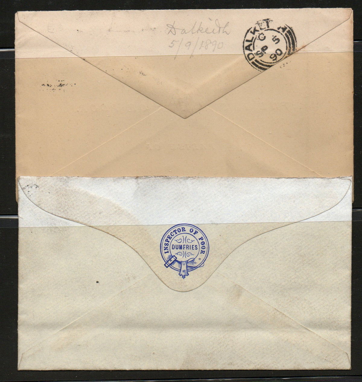 GB QV 1890 &1896 2 x Covers "Inspector of the Poor" Dalkeith & Dumfries (TT432)
