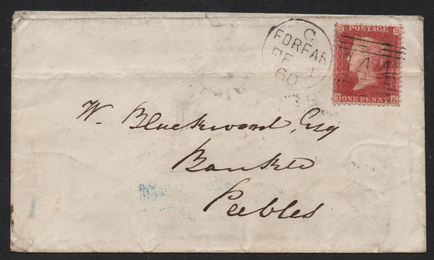 1860 GB QV 1d Star (Unplated) on Cover Straight Line ABERLEMNO Back Stamp(TT434)