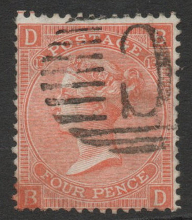 GB 1865-67 SG94 4d Vermilion Plate 13 Used in Constantinople  Fine Used 