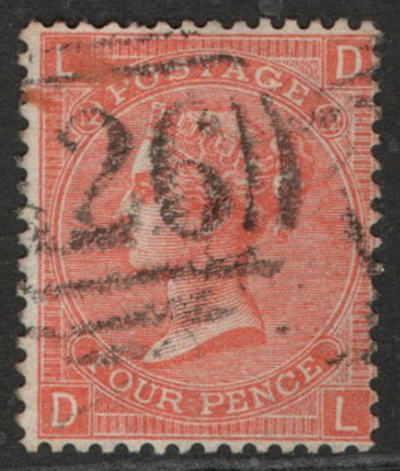1865 GB SG93 4d Vermilion Wmk Large Garter. Plate 12 (D-L) Used in Gibraltar