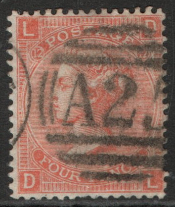 1865 GB SG93 4d Vermilion Wmk Large Garter. Plate 12 (D-L) Used in Malta (TT600)