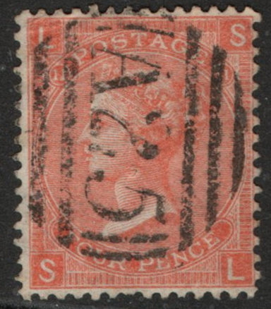 1865 GB SG93 4d Vermilion Wmk Large Garter. Plate 11 (S-L) Used in Malta