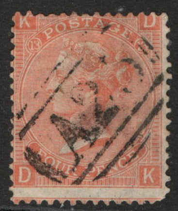 1865 GB SG93 4d Vermilion Wmk Large Garter. Plate 13 (D-K) Used in Malta 