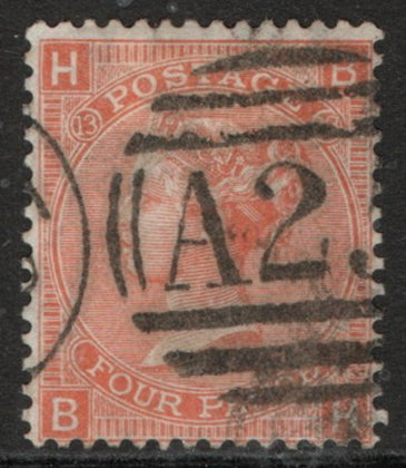 1865 GB SG93 4d Vermilion Wmk Large Garter. Plate 13 (B-H) Used in Malta