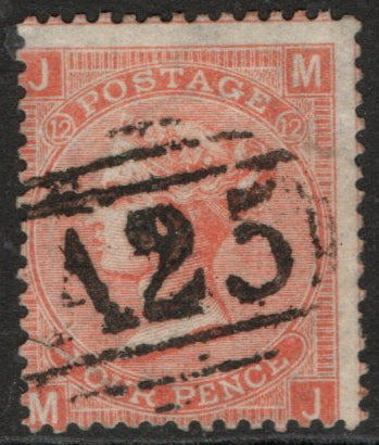1865 GB SG93 4d Vermilion Wmk Large Garter. Plate 12 (M-J) Used in Malta