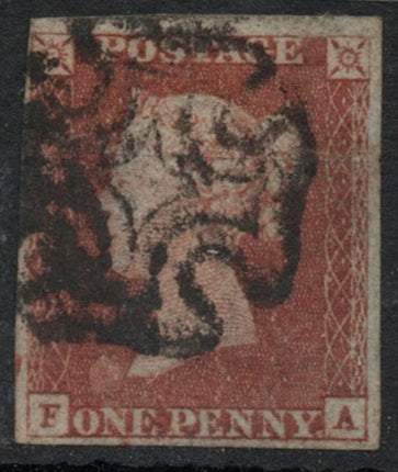 1841 GB SG8 1d Red Imperf  Wmk Small Crown Plate 30 Black M/C (F-A)