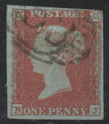 1841 GB SG8 1d Red Imperf  Wmk Small Crown Plate 118 Blued Paper (N-J)