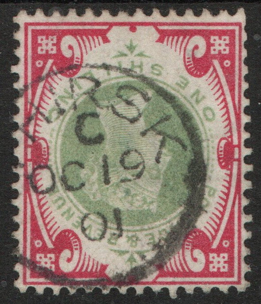 1887-92 SG214 1/- Green & Carmine with nice Thirsk (?) CDS. Good Used