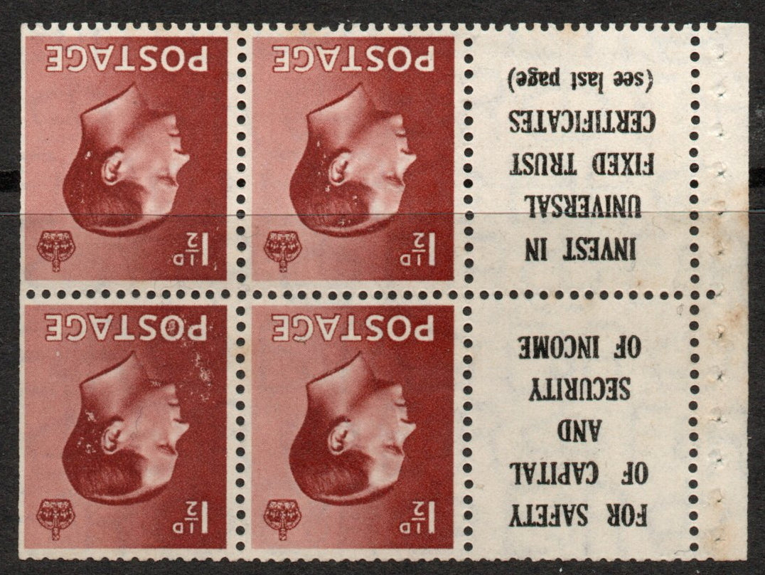 GB 1936 KEVIII SG459aw Booklet Pane 4 x SG459 Inv Wmk with 2 advert labels. Mint no Gum