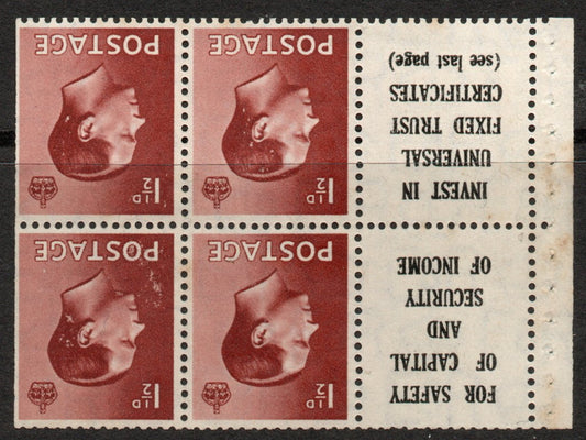 GB 1936 KEVIII SG459aw Booklet Pane 4 x SG459 Inv Wmk with 2 advert labels. Mint no Gum
