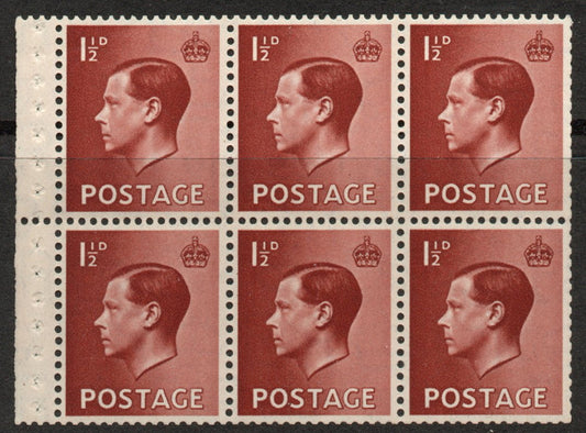 GB 1936 KEVIII SG459b Booklet Pane 6 x SG459 Upright Wmk U/M 
