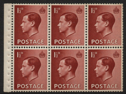 GB 1936 KEVIII SG459b Booklet Pane 6 x SG459 Upright Wmk Perf Type I U/M 