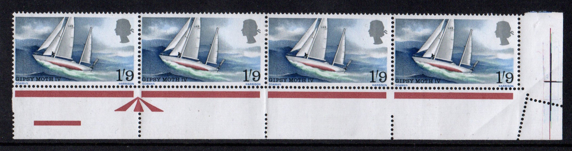 GB 1967 QEII Gipsy Moth SG751 misperfed due to Paper Fold Error