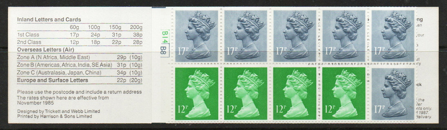 1986 GB Booklet FP3a Handwriting cylinder B14 B8 U/M (TT795)