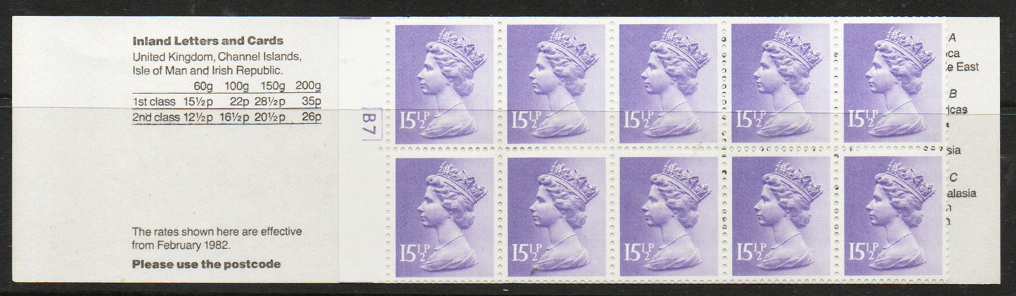 1982 GB Booklet FR2a Costumes cylinder B7 U/M (TT802)