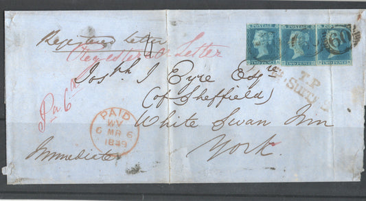 1849 GB Registered Entire London to York Three 2d Blue Imperf (SG13/14) 6d 3oz Rate 