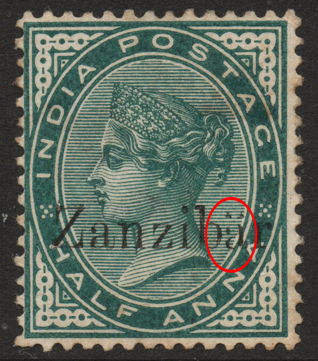 1895 Zanzibar ½A SG3L on India SG85 with Diaeresis (Like Umlauts). Looks U/M (TT13a)