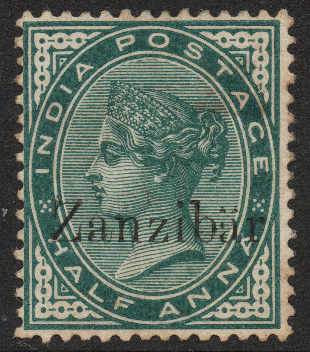 1895 Zanzibar ½A SG3L on India SG85 with Diaeresis (Like Umlauts). Looks U/M