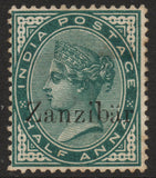 1895 Zanzibar ½A SG3L on India SG85 with Diaeresis (Like Umlauts). Looks U/M (TT13a)