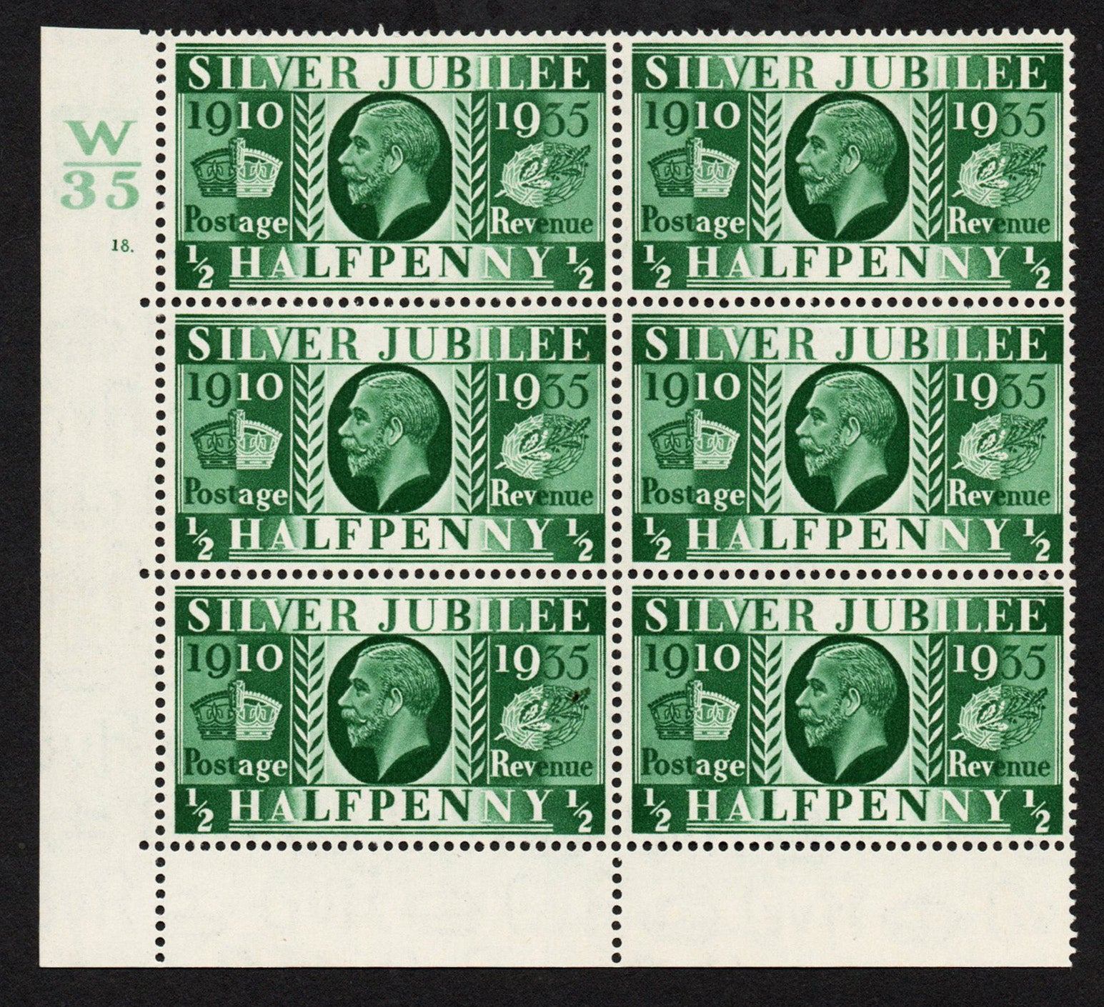 GB 1935 KEVIII SG453 ½d Cylinder 18 dot, Control W/35 Block of 5, Perf 6, M/M
