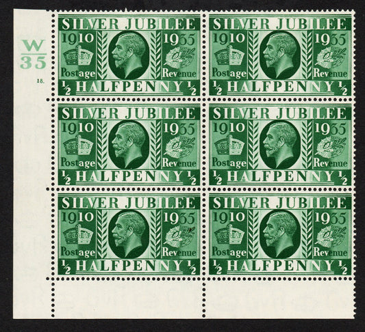 GB 1935 KEVIII SG453 ½d Cylinder 18 dot, Control W/35 Block of 5, Perf 6, M/M