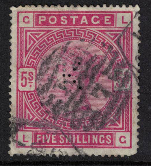 GB 1883/4 SG180 5/- Rose with K (Kodak) Perfin. Letters  L-G
