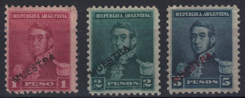 1892-95 Argentina SC#103-105 San Martin Overprinted MUESTRA (Sample) Small Sun Watermark 