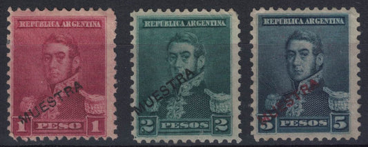 1892-95 Argentina SC#103-105 San Martin Overprinted MUESTRA (Sample) Small Sun Watermark 