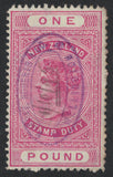 1890 New Zealand SGF45 £1 Pink Stamp Duty, Wmk 12b, Perf 12½,