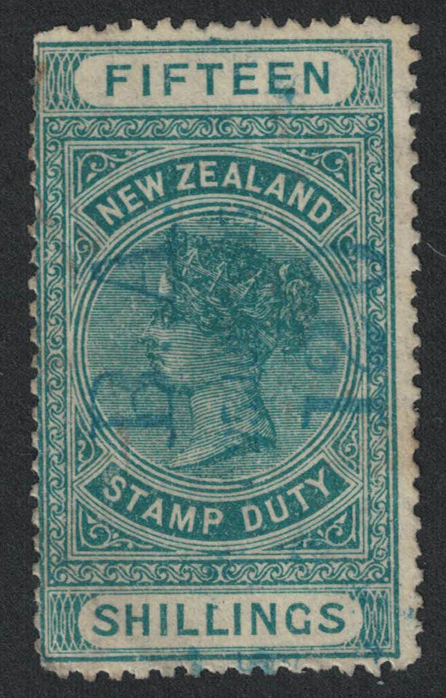1890 New Zealand SGF55 15/- Green Stamp Duty, Wmk 12c, Perf 12½, Fine Used