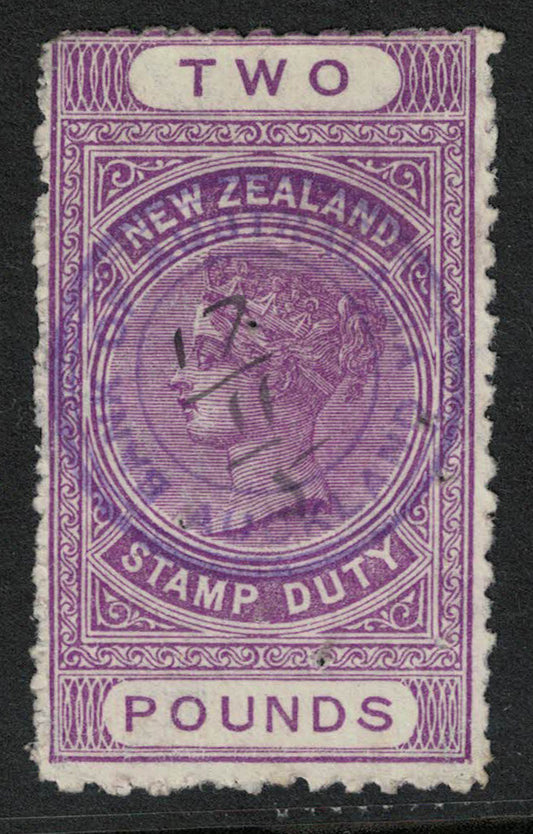 1882 New Zealand SC# AR19 (Unpriced) £2 Purple Type PF2. Clear Bank of Auckland Cancel