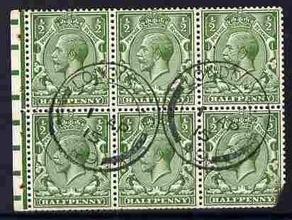 GB Great Britain 1912-24 KG5 1/2d booklet pane of 6 with 1915 cds cancel, lower right corner damaged