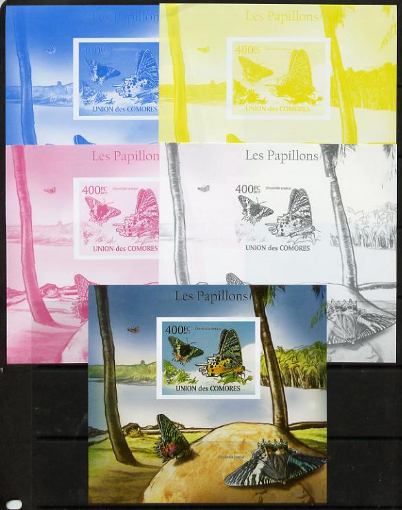 Comoro Islands 2011 Butterflies #7 m/sheet - the set of 5 imperf progressive proofs comprising the 4 individual colours plus all 4-colour composite, unmounted mint 