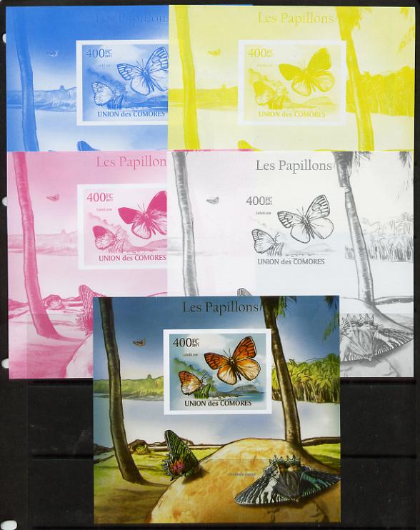 Comoro Islands 2011 Butterflies #8 m/sheet - the set of 5 imperf progressive proofs comprising the 4 individual colours plus all 4-colour composite, unmounted mint 