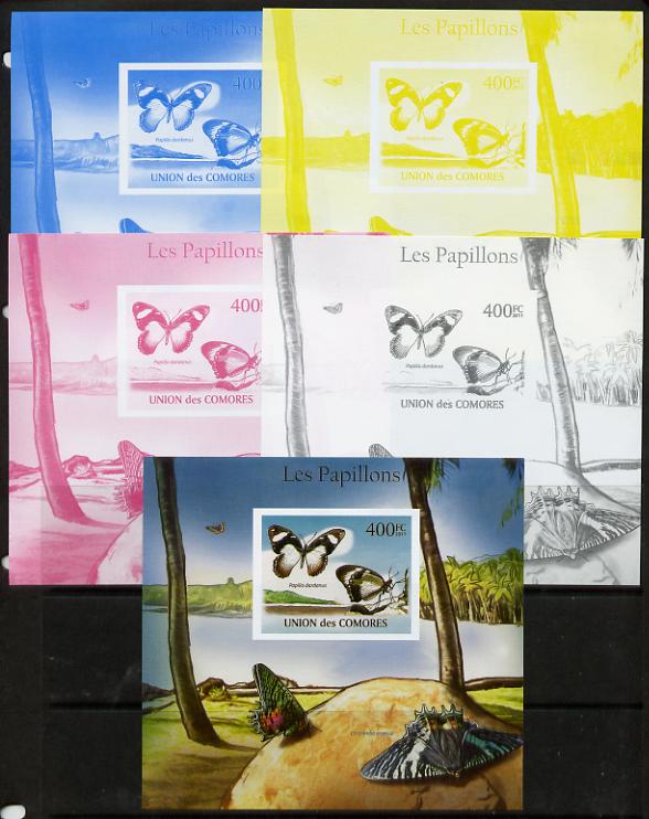Comoro Islands 2011 Butterflies #9 m/sheet - the set of 5 imperf progressive proofs comprising the 4 individual colours plus all 4-colour composite, unmounted mint 