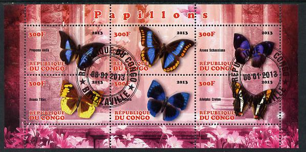 Congo 2013 Butterflies #2 perf sheetlet containing 6 values fine cto used