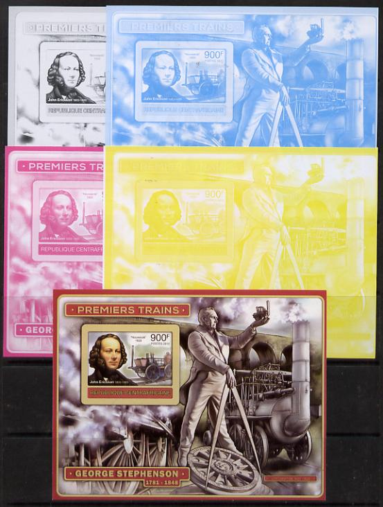Central African Republic 2012 Early Trains - John Ericsson deluxe sheet - the set of 5 imperf progressive proofs comprising the 4 individual colours plus all 4-colour composite, unmounted mint 