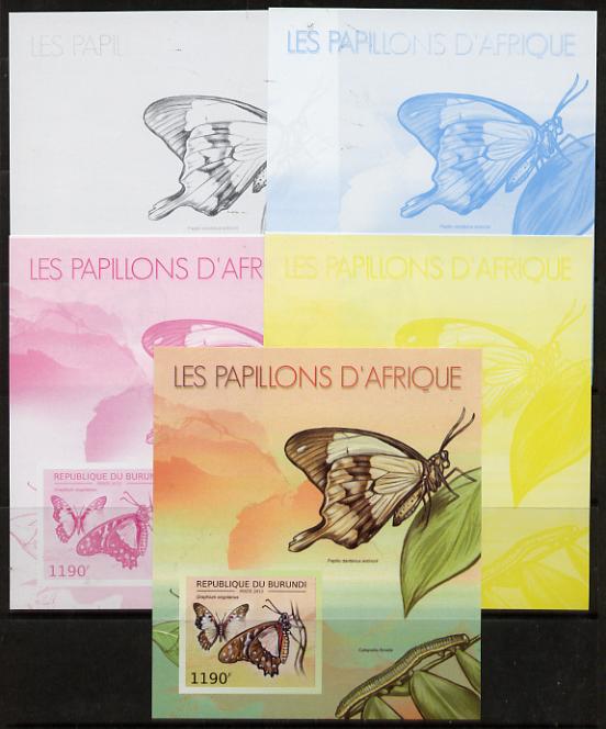 Burundi 2012 Butterflies #2 deluxe sheet - the set of 5 imperf progressive proofs comprising the 4 individual colours plus all 4-colour composite, unmounted mint 