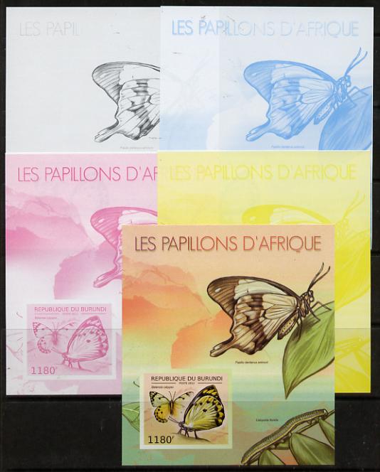 Burundi 2012 Butterflies #4 deluxe sheet - the set of 5 imperf progressive proofs comprising the 4 individual colours plus all 4-colour composite, unmounted mint 