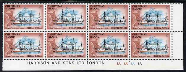 Christmas Island 1972-73 Ships - 2c HMS Redpole SE corner block of 8 with Harrison & Sons imprint & cyl nos 1A x 4 unmounted mint but minor wrinkles in margin as SG 38