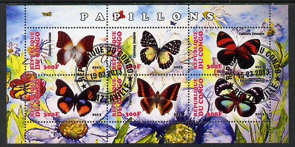 Congo 2013 Butterflies #4 perf sheetlet containing six values fine cto used