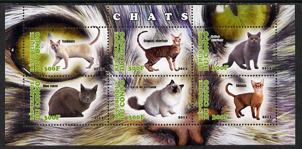 Congo 2013 Domestic Cats #2 perf sheetlet containing six values unmounted mint